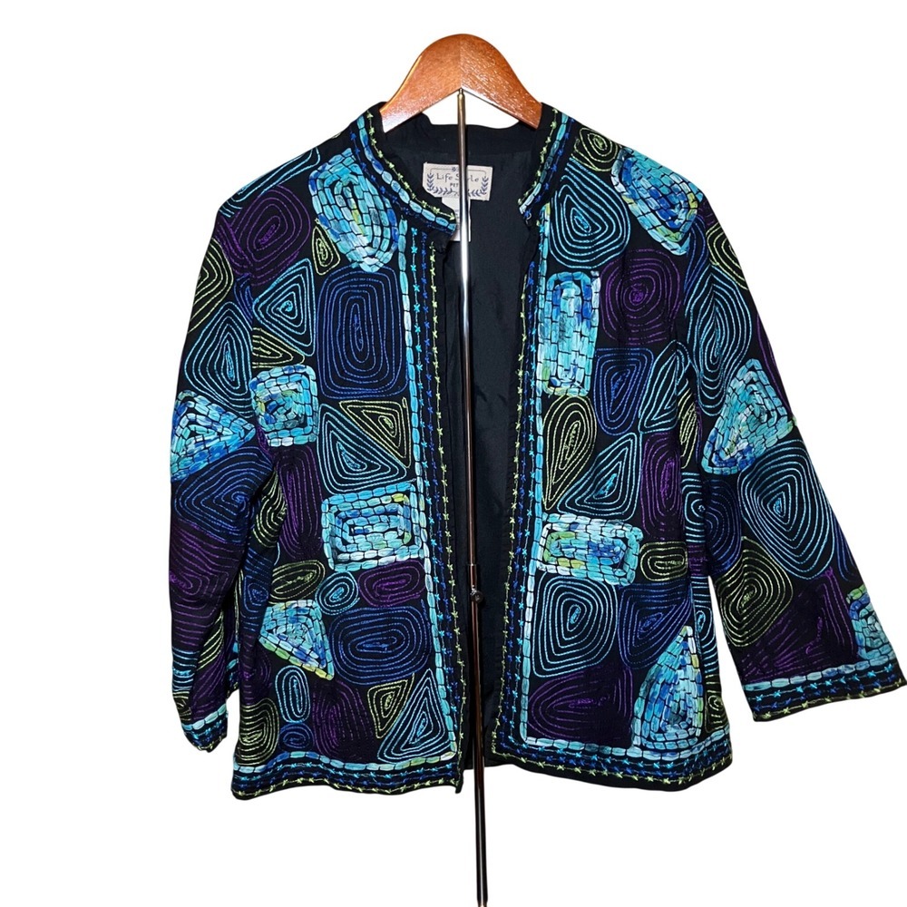 Life Style Petite Jacket Women PXL Black Blue Embroidered Art Boho Open Front